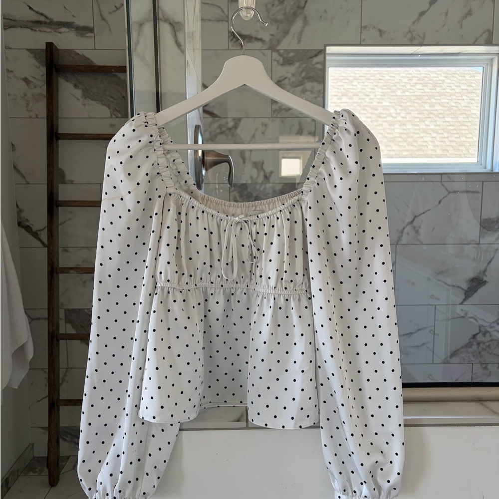 ARITZIA (Sunday Best) White Polka Dot Satin Blouse